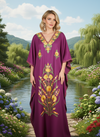 Women’s Purple Boho Kaftan – Hand-Embroidered Cotton Maxi Dress L-2XL