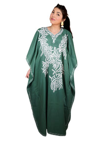  Women’s Green Boho Kaftan – Hand-Embroidered Maxi Dress, Flowing Lounge Wear L-2X