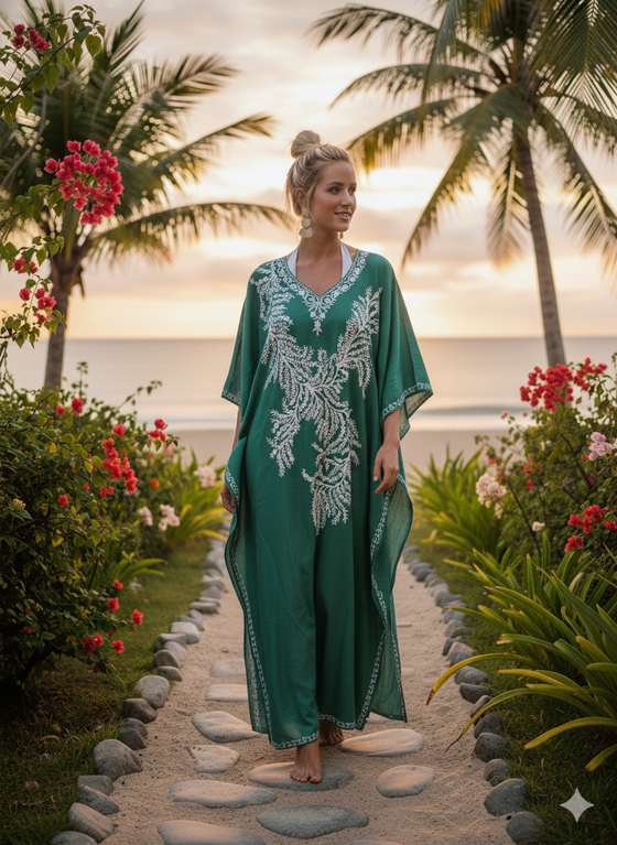 Women’s Green Boho Kaftan – Hand-Embroidered Maxi Dress, Flowing Lounge Wear L-2X