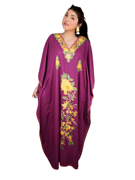 Women’s Elegant Purple Boho Kaftan – Hand-Embroidered Maxi Dress, Flowy Housedress L-2XL