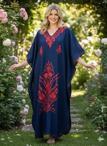  Women’s Blue & Red Boho Kaftan – Hand-Embroidered Maxi Dress, Flowy Lounge Wear L-2XL