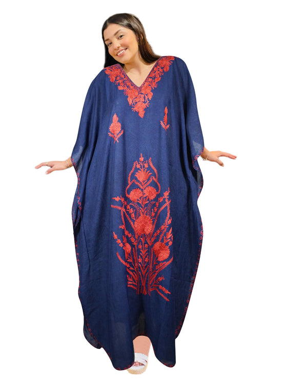 Women’s Blue & Red Boho Kaftan – Hand-Embroidered Maxi Dress, Flowy Lounge Wear L-2XL