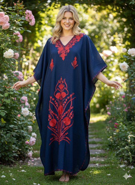 Women’s Blue & Red Boho Kaftan – Hand-Embroidered Maxi Dress, Flowy Lounge Wear L-2XL