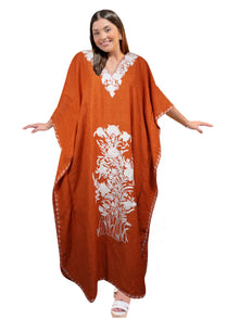  Women’s Rustic Orange Boho Kaftan – Hand-Embroidered Maxi Dress L-2 XL