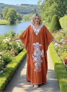  Women's Rustic Orange Boho Kaftan – Hand-Embroidered Maxi Dress L-2 XL