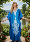 Women's Blue Embroidered Kaftan Maxi Dress – Boho Chic Resort Wear Caftan L-2XL