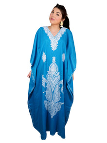  Women's Kaftan Maxi Dress Blue Embroidered Caftans L-2XL