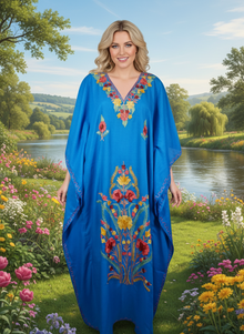  Women’s Kaftan Maxi Dress – Blue Embroidered Boho Dress Resort & Evening Wear L-2XL