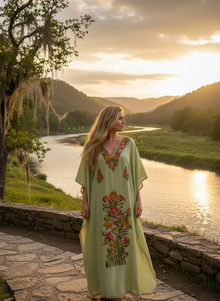  Women’s Maxi Kaftan Dresses – Green Embroidered Boho Dress for Resort & Evening Wear L-2XL