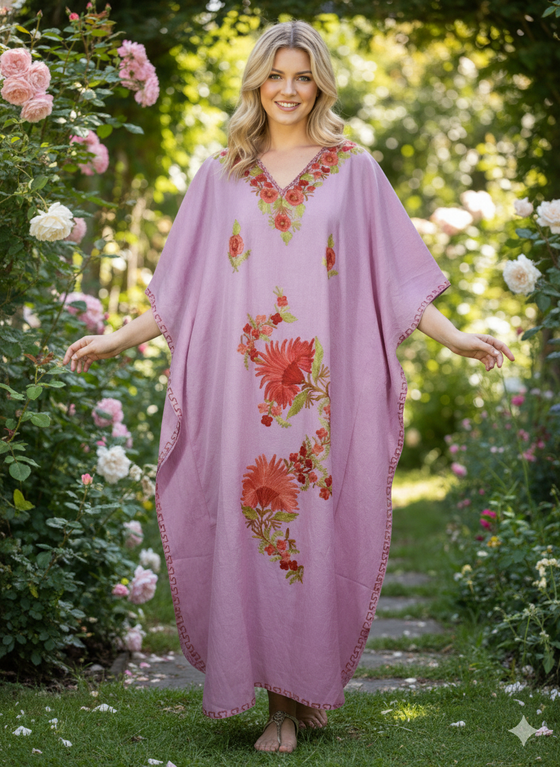 Women’s Pink Boho Kaftan Maxi Dress – Handmade Lounge Caftan with Flowy Silhouette L-2XL