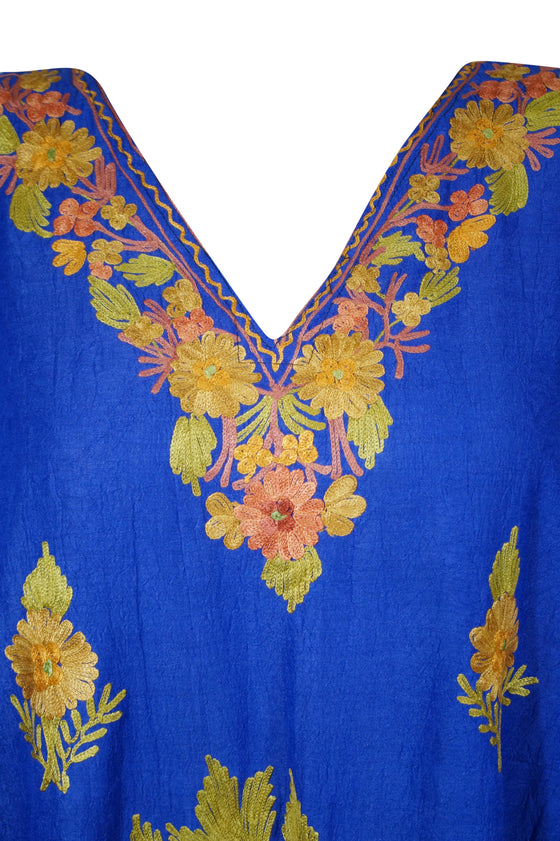 Women’s Dark Blue Cotton Boho Kaftan – Hand-Embroidered Maxi Dress, Ethnic Wear L-2X