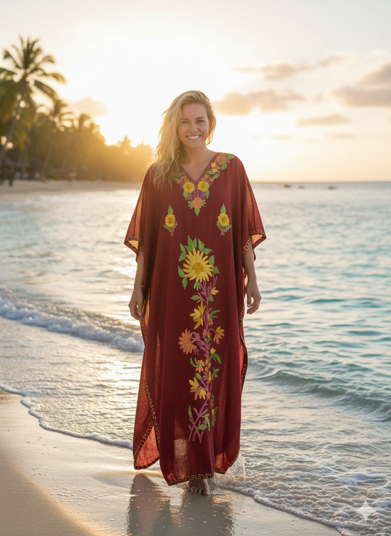 Women's Crimson Red Kaftan Maxi Dress – Flowy Boho Caftan Housedress L-2XL