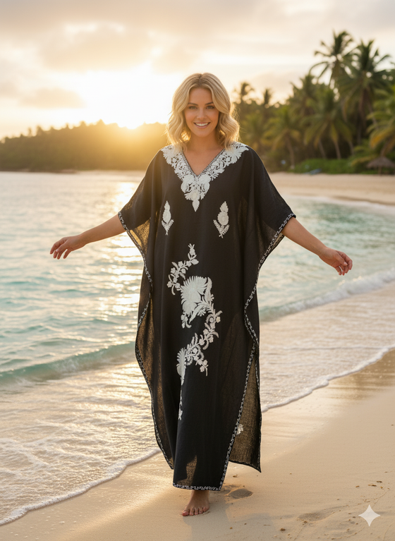 Women's Black Maxi Kaftan Dress – Elegant Embroidered Boho Caftan L-2XL