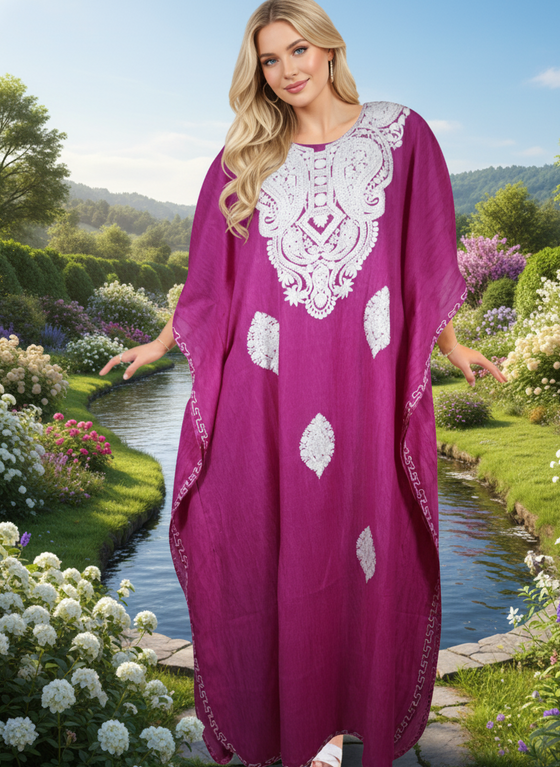 Women's Ruby Pink Kaftan Maxi Dress – Elegant Embroidered Boho Caftan L-2XL