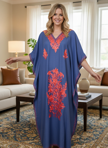  Women's Kaftan Maxi Dress Blue Beach Embroidered Caftans L-2XL