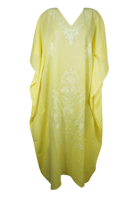 Women's Light Yellow Cotton Maxi Kaftan – Oversized Loose Boho Summer Caftan L-2X