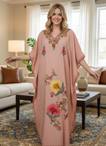  Women’s Pink Kaftan Maxi Dress – Embroidered Boho Kimono Caftan L-2XL