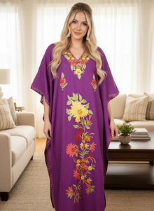  Women’s Kaftan Maxi Dress – Purple Embroidered Caftan for Beach Holidays & Resort Wear L-2XL