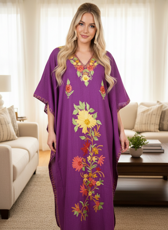 Women’s Kaftan Maxi Dress – Purple Embroidered Caftan for Beach Holidays & Resort Wear L-2XL