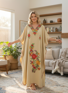  Women’s Caftan Dress – Beige Floral Embroidered Kaftan, Boho Maxi Style  L-2XL