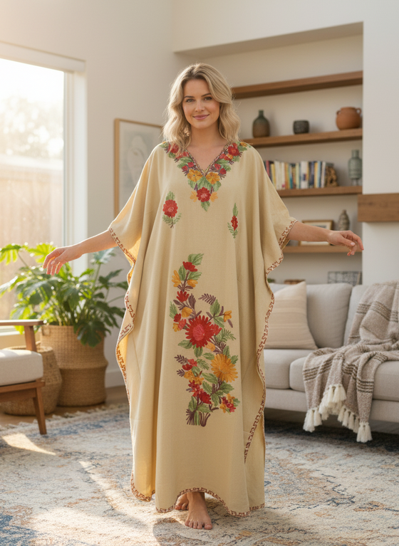 Women’s Caftan Dress – Beige Floral Embroidered Kaftan, Boho Maxi Style  L-2XL