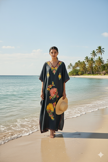  Women's Black Cotton Maxi Kaftan – Oversized Boho Summer Dress for Effortless Style L-2X