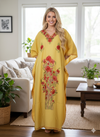 Women’s Yellow Kaftan Maxi Dress – Embroidered Boho Resort Caftan   L-2XL