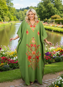  Women’s Green Kaftan Maxi Dress – Elegant Embroidered Caftan for Boho Resort M-XL