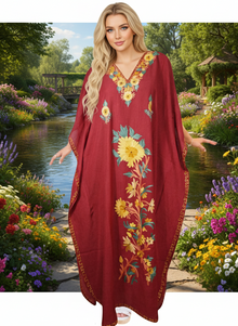  Women’s Red Caftan Maxi Dress – Floral Embroidered Kaftan for Boho Resort & Beach Wear L-2XL