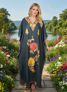  Women's Boho Black Kaftan Maxi Dress – Elegant Handcrafted Maxi Dress for Resort  M-2XL