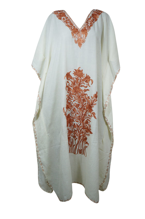 Women's White & Brown Embroidered Cotton Maxi Kaftan Boho Summer Dress L-2X