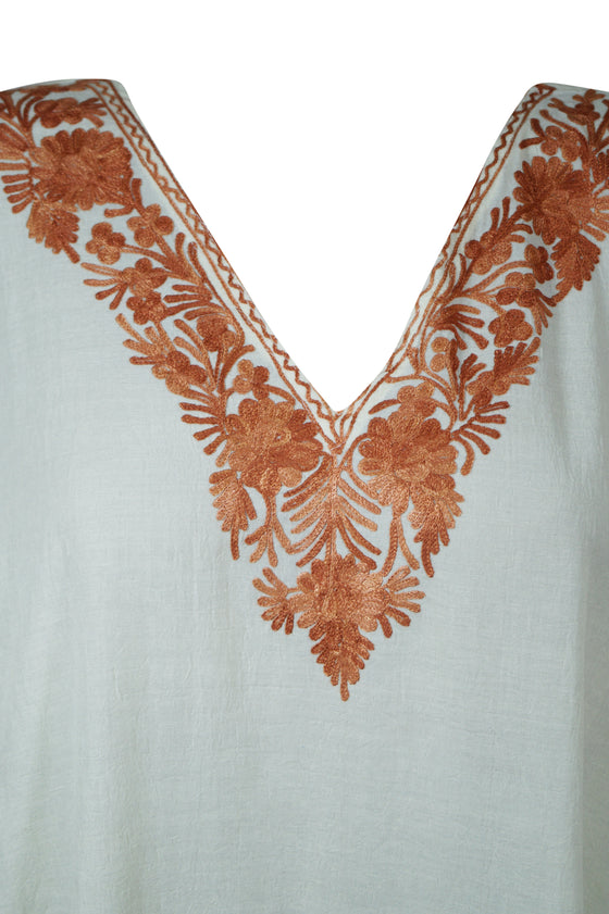 Women's White & Brown Embroidered Cotton Maxi Kaftan Boho Summer Dress L-2X