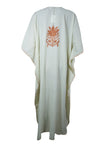 Women's White & Brown Embroidered Cotton Maxi Kaftan Boho Summer Dress L-2X