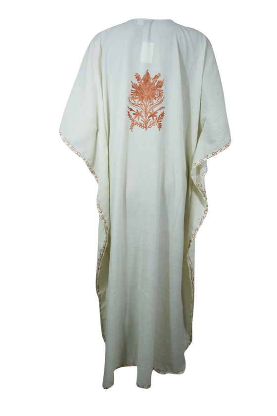 Women's White & Brown Embroidered Cotton Maxi Kaftan Boho Summer Dress L-2X