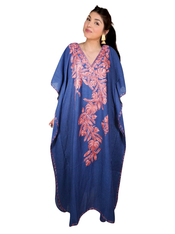 Womens Loose Kaftan Berry Blue Embroidered Dress L-2XL