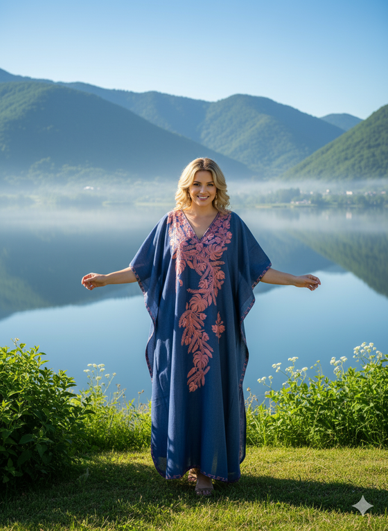 Women's Loose Kaftan Berry Blue Embroidered Maxi Dress – Boho Chic Resort Caftan  L-2XL