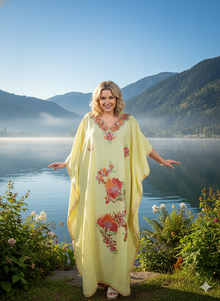  Women's Lemon Yellow Kaftan Maxi Dress – Handcrafted Boho Caftan for Resort Wear L-2XL