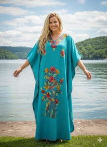  Women's Blue Kaftan Maxi Dress – Hand-Embroidered Boho Caftan for Resort & Beach Style L-2XL