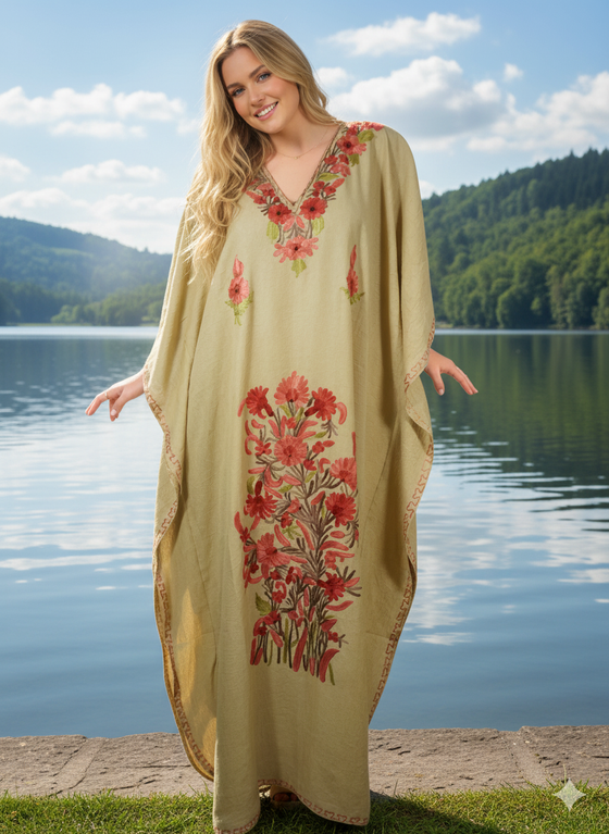 Women's Persian Orange Kaftan Maxi Dress  Embroidered Caftan for Boho Elegance L-2XL