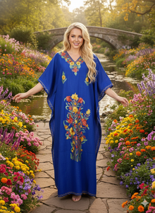  Women's Navy Blue Cotton Kaftan Maxi Dress – Embroidered Boho Caftan  L-2XL