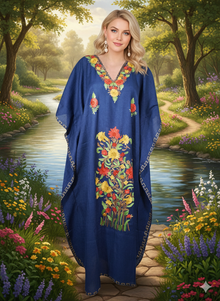  Women's Blue Cotton Kaftan Maxi Dress – Beach Holiday Boho Caftan  L-2XL