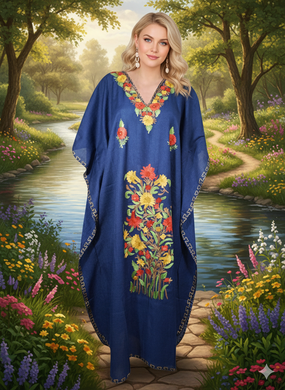 Women's Blue Cotton Kaftan Maxi Dress – Beach Holiday Boho Caftan  L-2XL