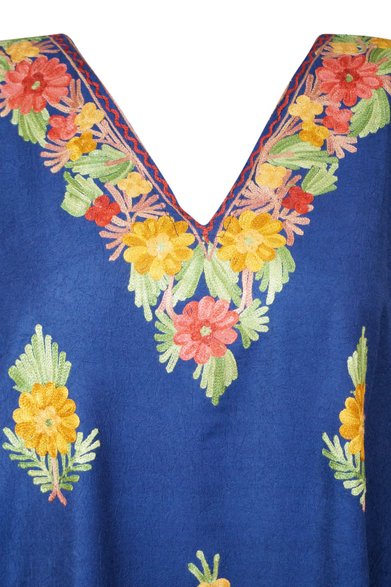 Women's Navy Blue Embroidered Cotton Maxi Kaftan Loose Boho Summer Dress L-2X