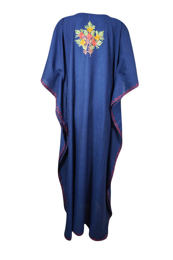 Women's Navy Blue Embroidered Cotton Maxi Kaftan Loose Boho Summer Dress L-2X