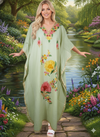 Women's Green Cotton Kaftan Maxi Dress – Embroidered Boho Caftan  L-2XL