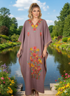 Women's Heather Purple Kaftan Maxi Dress – Hand-Embroidered Boho Caftan for Resort Wear  L-2XL