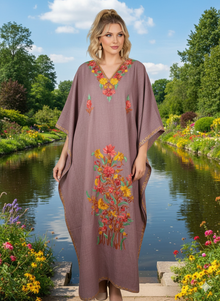  Women's Heather Purple Kaftan Maxi Dress – Hand-Embroidered Boho Caftan for Resort Wear  L-2XL