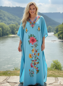  Women's Arctic Blue Kaftan Maxi Dress – Hand-Embroidered Boho Caftans for Lounge & Resort Wear L-2XL