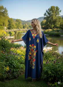  Navy Blue Kaftan Maxi Dress – Embroidered Boho Caftans for Lounge & Resort Wear L-2XL