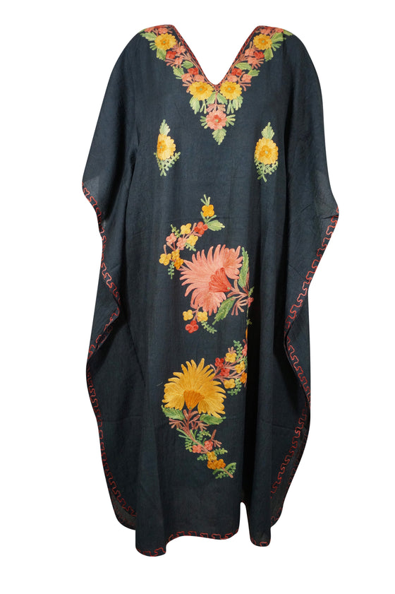 Women's Black Colorful Embroidered Cotton Maxi Kaftan  Boho Summer Dress  L-2X